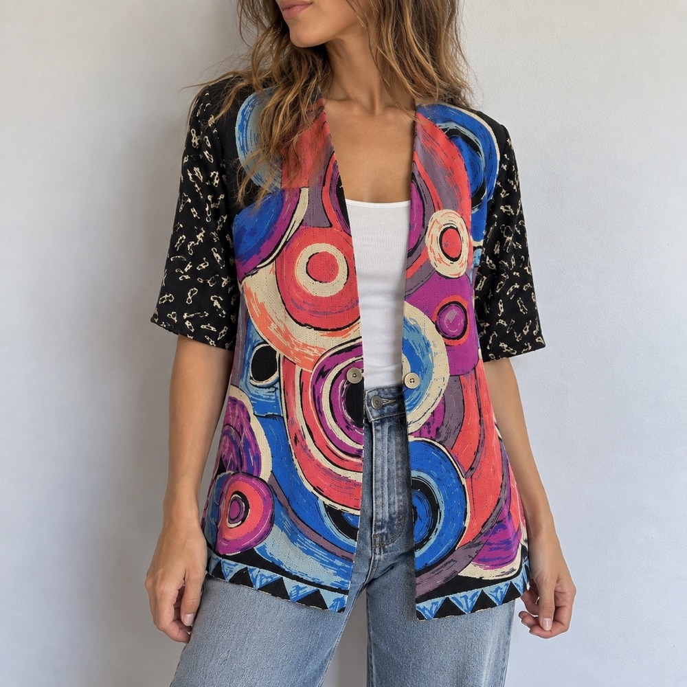 Vintage Wall St Multicolor Abstract Open Front Kimono Top Medium Y2K Art To Wear